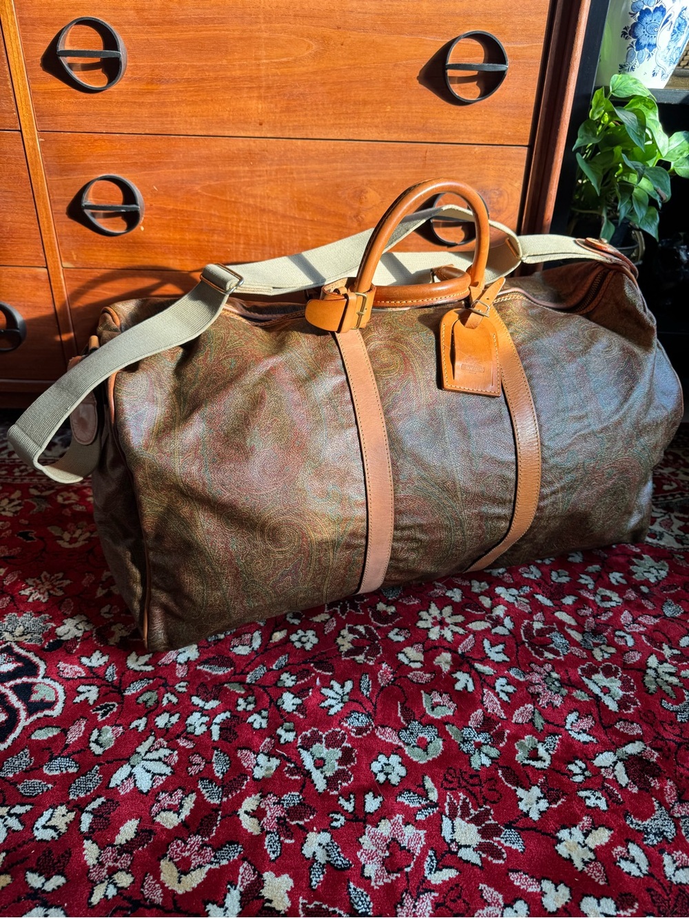 Etro Paisley Canvas Duffel with Tan Leather Handles- missing lock and key